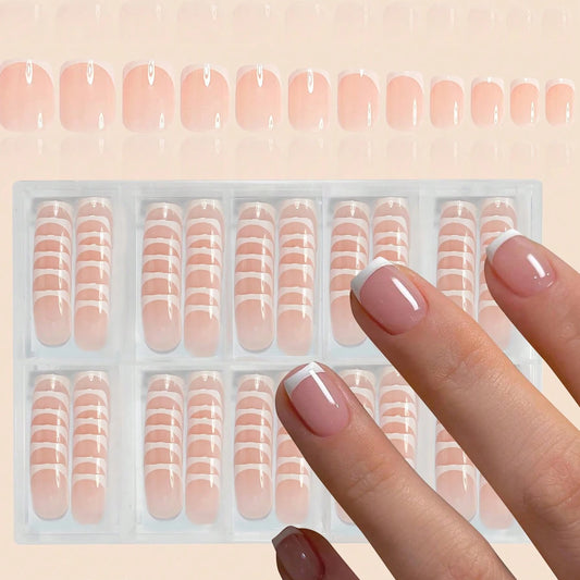 120pcs Short Square White French Simple Shiny False Nails Fashionable Wearable Nails Suitable for Daily Work, Study and Party