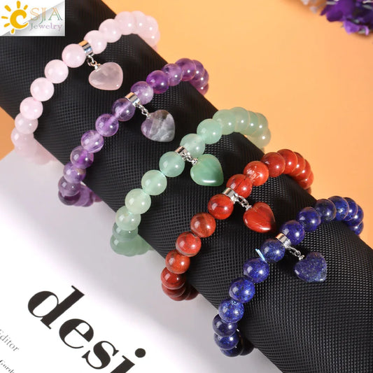 Natural Stone Beads Bracelet for Women Heart Charm Amethysts Crystal Quartzs Tiger Eye Elastic Bangles Reiki Jewelry Gift H543