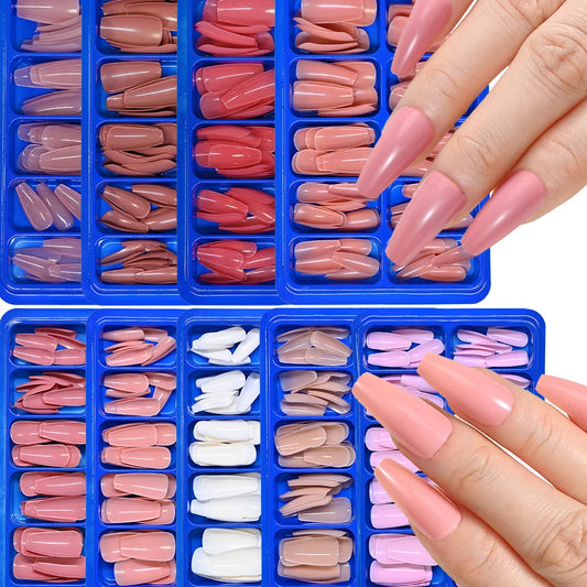 100pcs Coffin Design Fake Nails Art Tools Nude Pink Colors Ballerina False Nails Press On Full Fingernails Manicure Tips