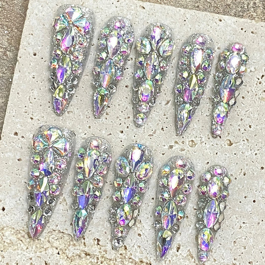 Handmade Press On Nails Luxury Long Fake Nails Stiletto Wearable Full Flash Rhinestones False Nails With Designs Almond Nail Tip