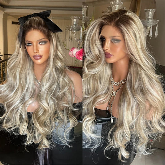 100% Premium Synthetic Fiber Glueless HD Lace Front Wig Ash Blonde Highlights Colored Wig Heat Resistant Preplucked Hairline