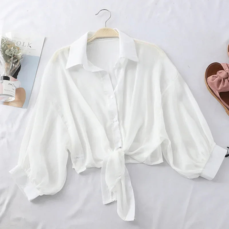 Casual Loose Hollow White Clothes Elegant Solid Color Women Tied Waist Blouse Bat Half Sleeve Button Chiffon Female Shirt