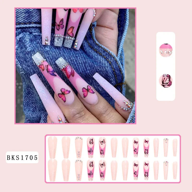 24 Pcs Square Extra Long French Press on Nails Acrylic False Nails with Tools 2025 3D Blue Mermaid Design False Nails with Glue