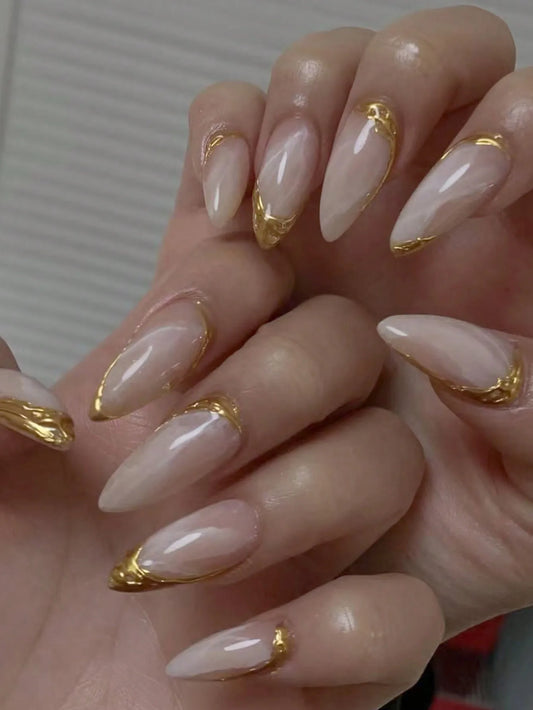 10 pieces of pure handmade almond-shaped nails, nude white marble texture, suitable for commuting, delicate, simple and fashiona
