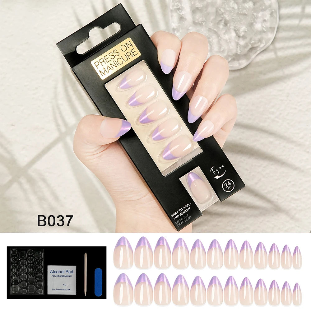 Press on Nails Almond French Design False Nails Simple Design Acrylic Nail Tips Reusable Fake Nails Decorated Nail Art
