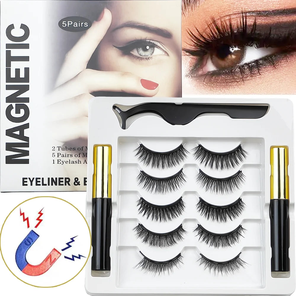 Magnetic Eyelashes With Eyeliner Kit, 5 Pairs Natural Looking Magnetic Lashes, Easy To Wear False Eyelash Set, No Glue Needed