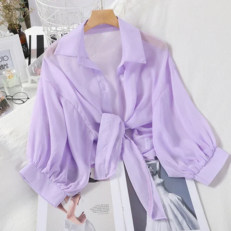 Casual Loose Hollow White Clothes Elegant Solid Color Women Tied Waist Blouse Bat Half Sleeve Button Chiffon Female Shirt
