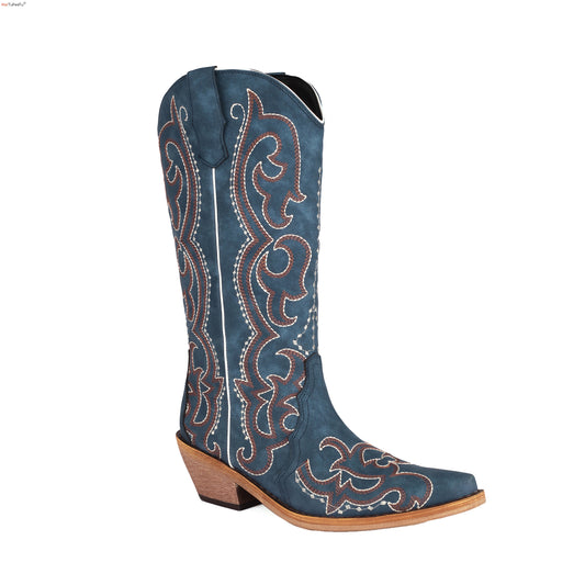 Women's Cowgirl Boots Blue Comfortable Cowboy Western Boots Wide Calf Leather Embroidery Dapper Shoes