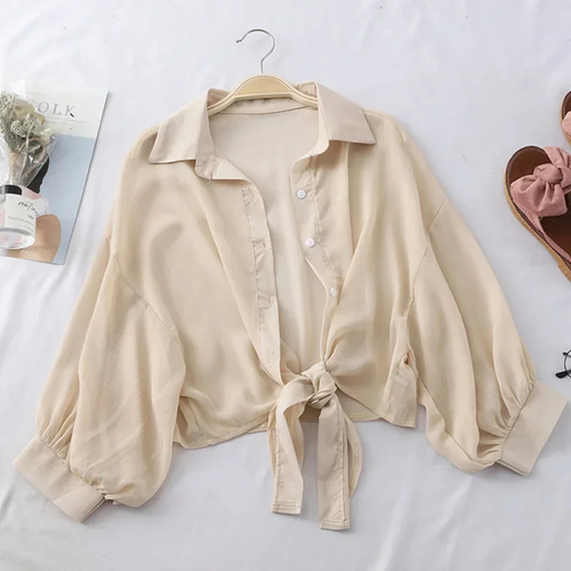 Casual Loose Hollow White Clothes Elegant Solid Color Women Tied Waist Blouse Bat Half Sleeve Button Chiffon Female Shirt
