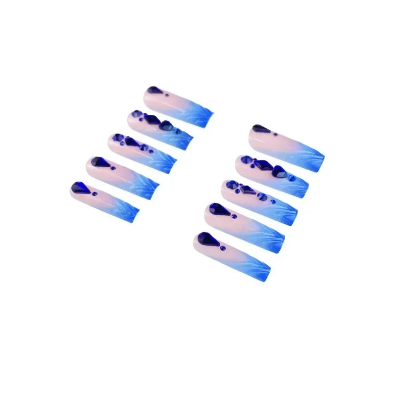 24 Pcs Square Extra Long French Press on Nails Acrylic False Nails with Tools 2025 3D Blue Mermaid Design False Nails with Glue