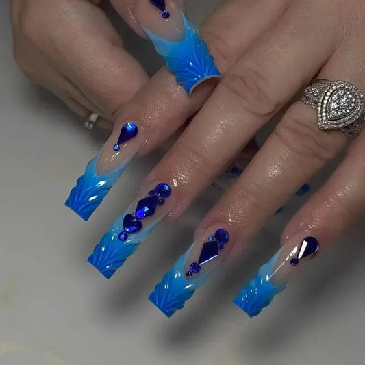 24 Pcs Square Extra Long French Press on Nails Acrylic False Nails with Tools 2025 3D Blue Mermaid Design False Nails with Glue