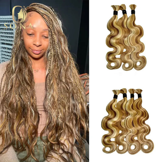 Highlight Honey Blonde Body Wave Hair Knotless Bundles No Weft for Boho Braids Human Hair Extension Bundles for Boho Braiding