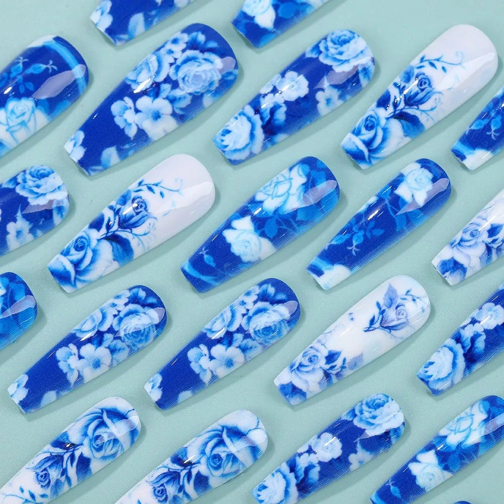 24pcs Blue and White Porcelain False Nails with Designs Long Press On Nails Blue French Fake Nails Fashion Ballet Tip Wearable