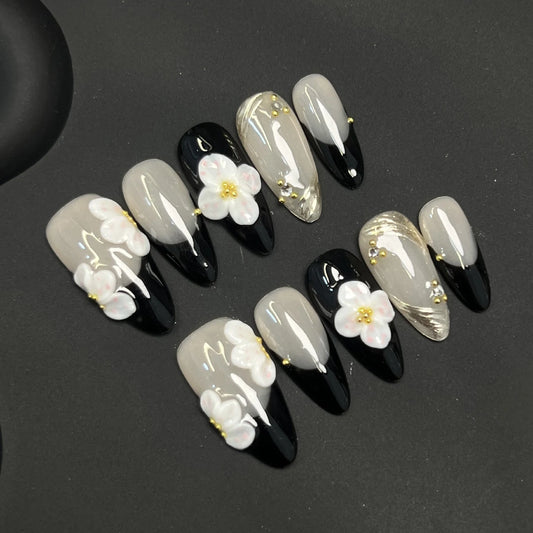 10Pcs Handmade Press On Nails Simple DIY Manicure Almond Black French Tips Fake Nails 3D White Flower Designs False Nails Art
