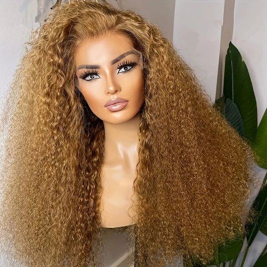 26Inch Long 180 Density Soft Honey Blonde Kinky Curly Lace Front Wigs For Women With Baby Hair Synthetic Fiber Deep Part Daily