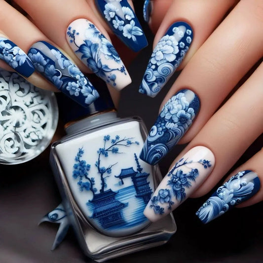 24pcs Blue and White Porcelain False Nails with Designs Long Press On Nails Blue French Fake Nails Fashion Ballet Tip Wearable