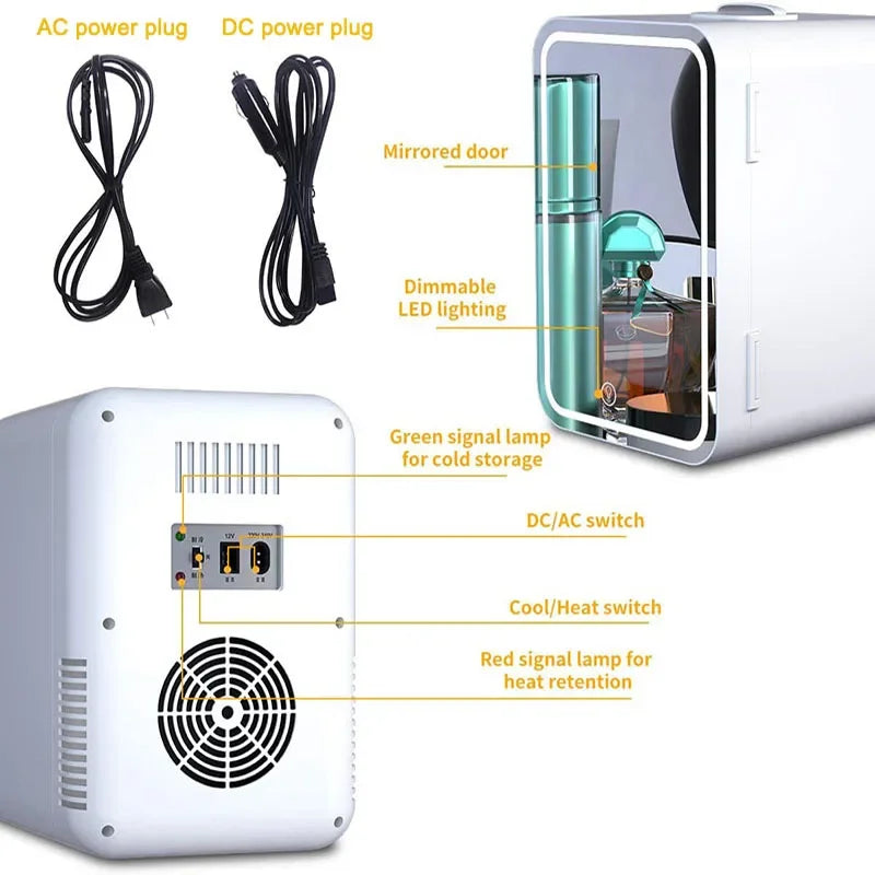 Mini Fridge Vanity Mirror - 2-in-1 Makeup Mirror with Built-In Cosmetic Cooler, LED Lights & Portable Design for Bedroom, Car