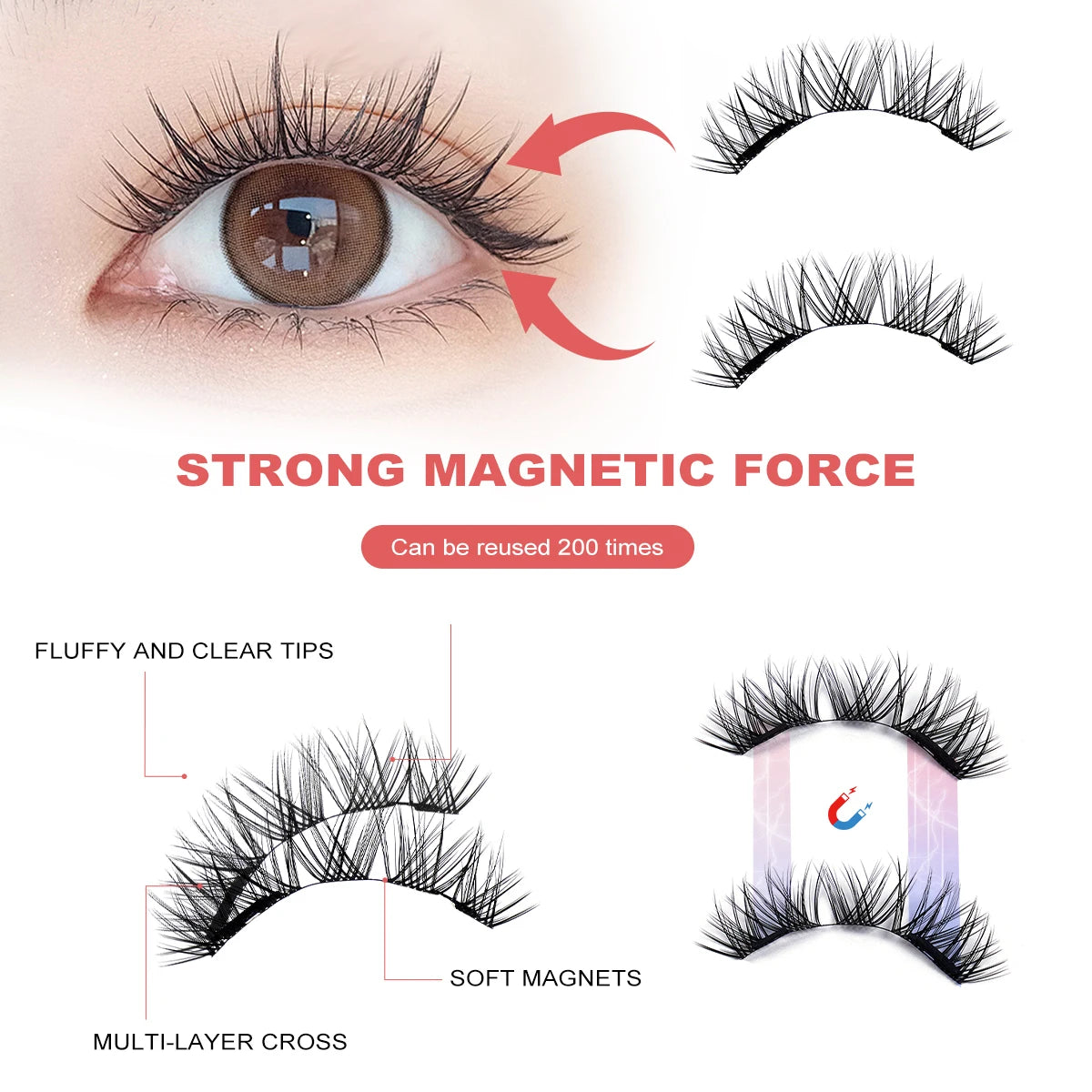 MAGEFY 3 Pairs Magnetic Eyelashes with Applicator Glue Free Reusable Magnetic Lashes Multiple Styles Natural Anime Magnetic Lash