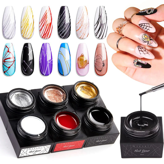 Makartt 6 Colors Spider Gel Polish for Elastic Nail Art Paint Drawing Spider Gel for Line White Black Red Rose Gold Silver