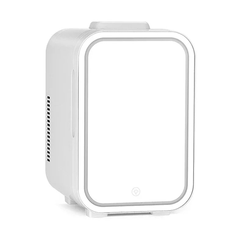 Mini Fridge Vanity Mirror - 2-in-1 Makeup Mirror with Built-In Cosmetic Cooler, LED Lights & Portable Design for Bedroom, Car