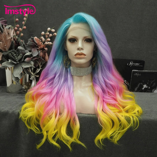 Imstyle Ombre Wig Colorful Synthetic Lace Front Wig Blue Pink Purple Yellow Wigs For Women Natural Wavy High Temperature Fiber