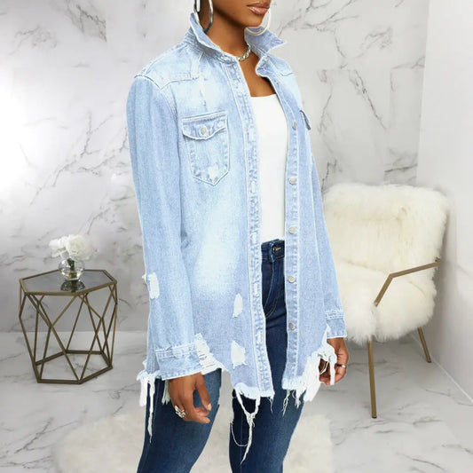 Women's Ripped Denim Jacket for Casual and Party Wear