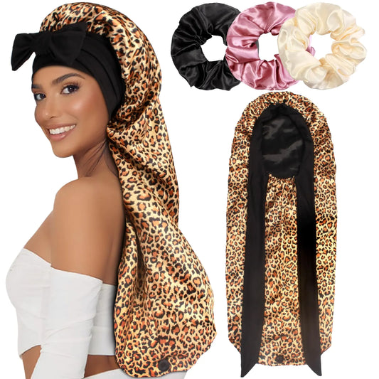 1+3 Long Satin Bonnets with Scrunchies for Women Sleeping Double Layer Large Braid Bonnet with Tie Band G